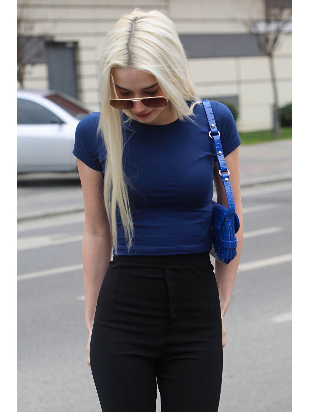 Lacivert Basic Kadın Tişört / Vücuda Oturan Kesim Mg1681-3