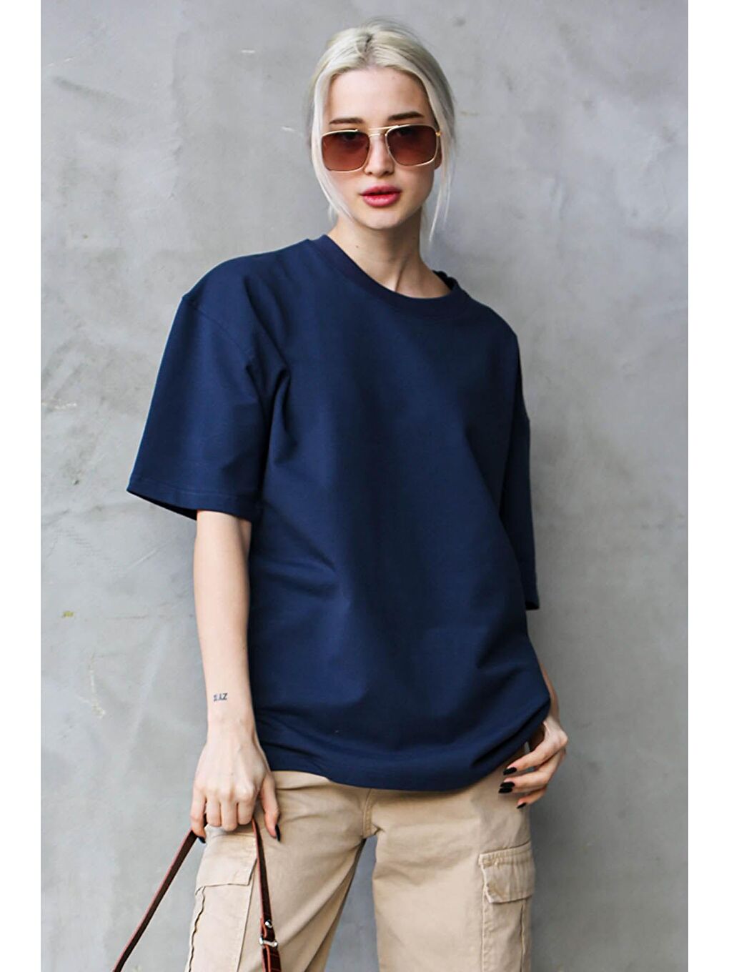 Lacivert Bisiklet Yaka Basic Oversize Tişört Mg1687-4