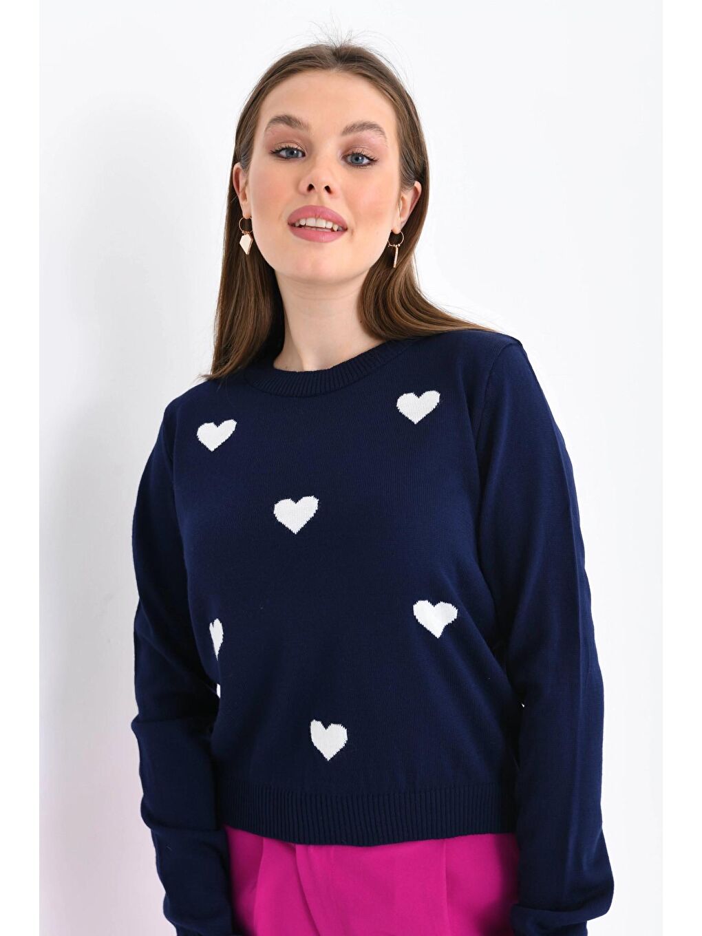 Lacivert Bisiklet Yaka Kalp Desenli Triko Kazak-2