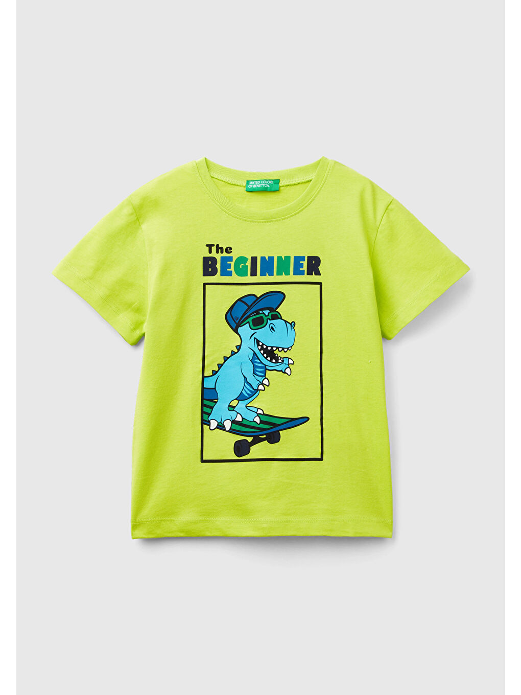 United Colors Of Benetton Yeşil Erkek Çocuk Neon Yeşil Önü  Renkli Baskılı Normal Kesim Bisiklet Yaka T-Shirt