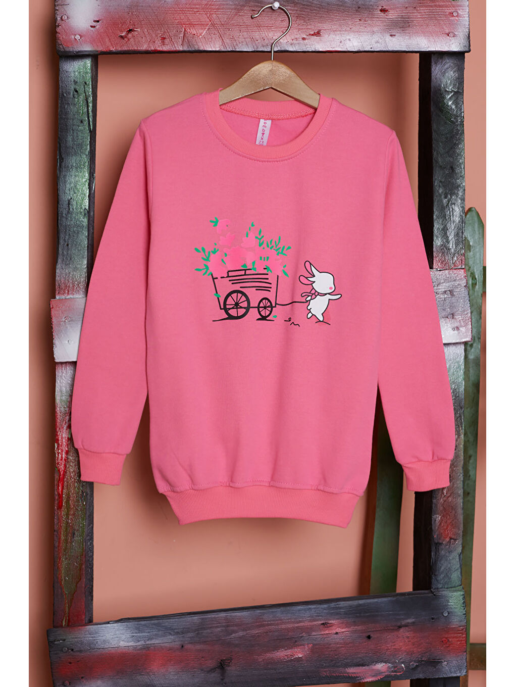 Pembe Life Kids Club Pembe Çiçekli Tavşan Baskılı Kız Çocuk Sweatshirt 17279 - 1