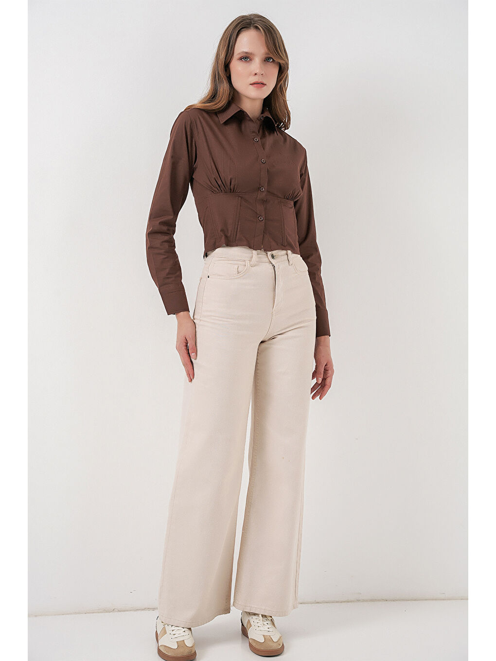 20231 Slim Fit Poplin Gömlek - Kahverengi-1