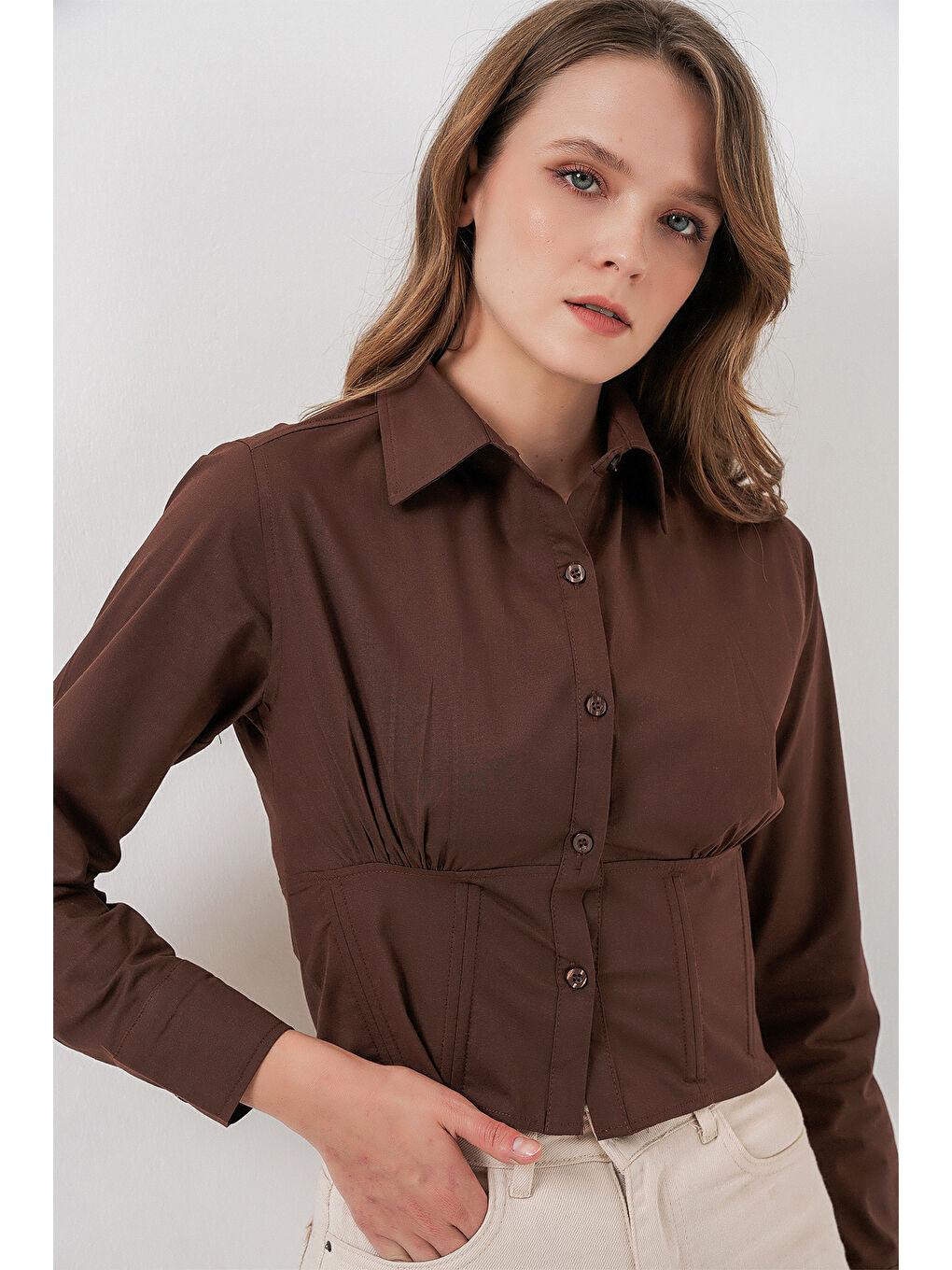 20231 Slim Fit Poplin Gömlek - Kahverengi-2