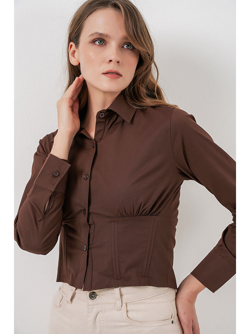 20231 Slim Fit Poplin Gömlek - Kahverengi-3