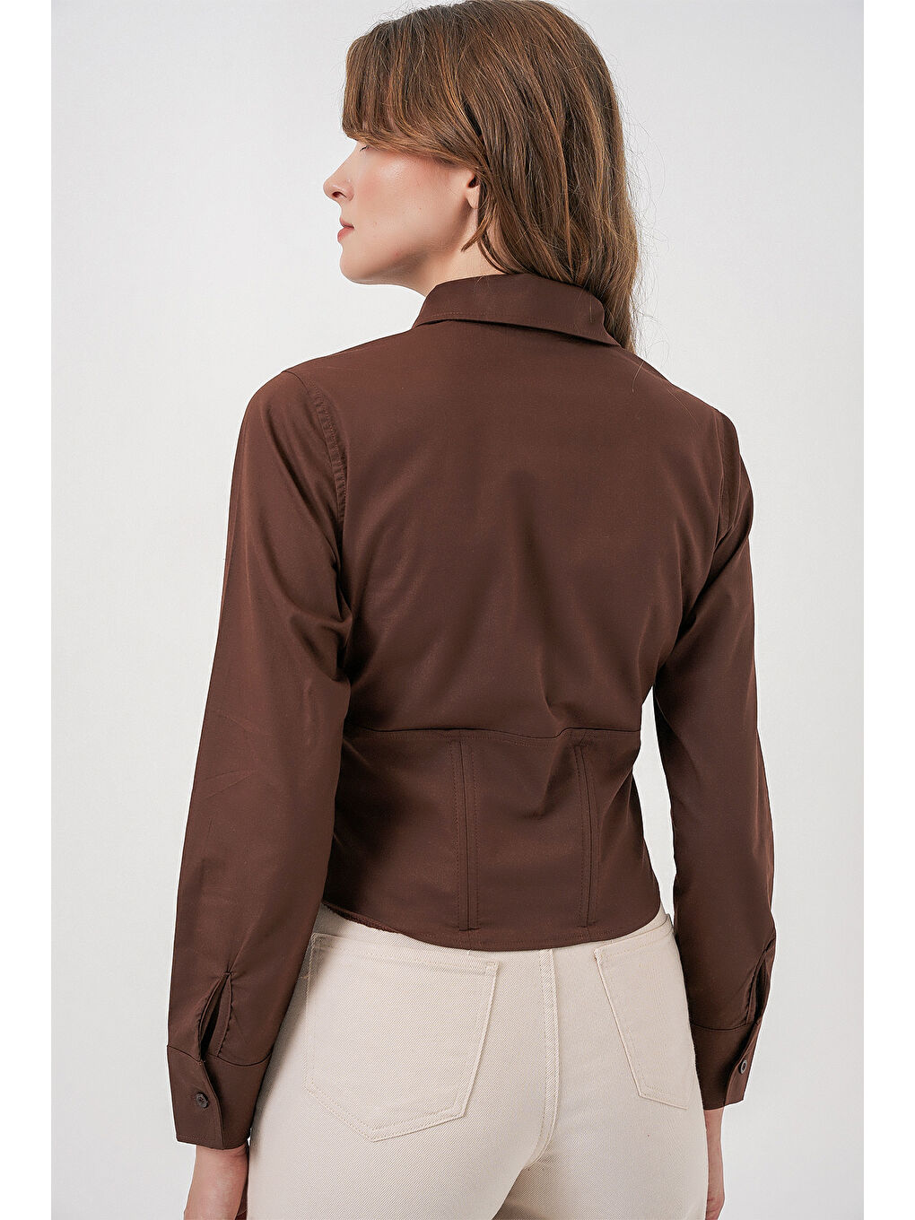 20231 Slim Fit Poplin Gömlek - Kahverengi-5