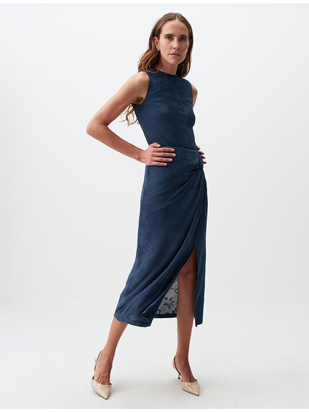 Mavi Petrol Çiçek Desenli Büzgülü Yırtmaçlı Midi Etek-2