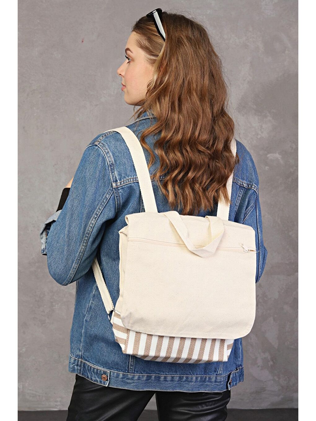 Ekru Dokuma Kumaş Parçalı Sırt Çantası-2
