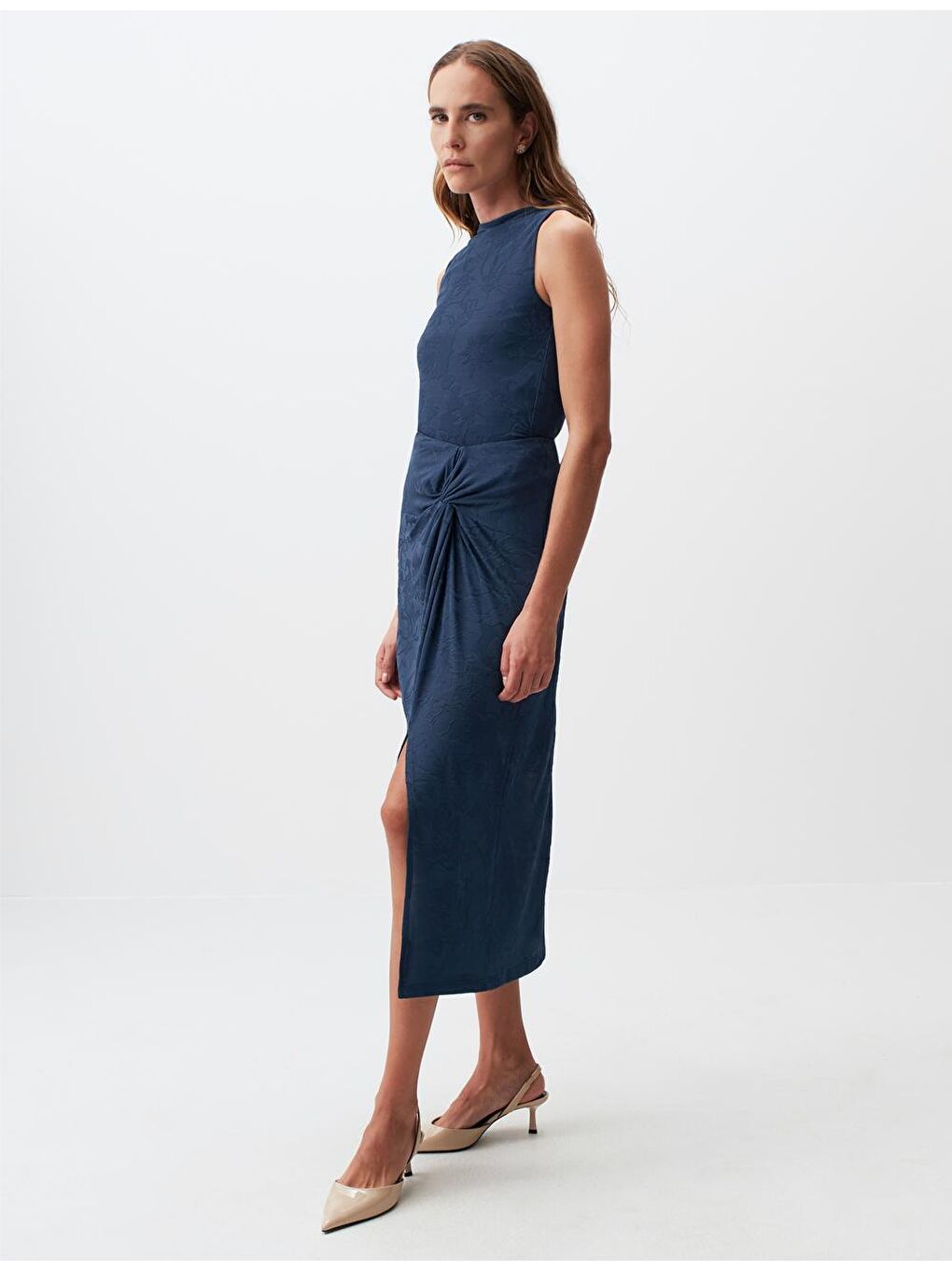 Mavi Petrol Çiçek Desenli Büzgülü Yırtmaçlı Midi Etek-3