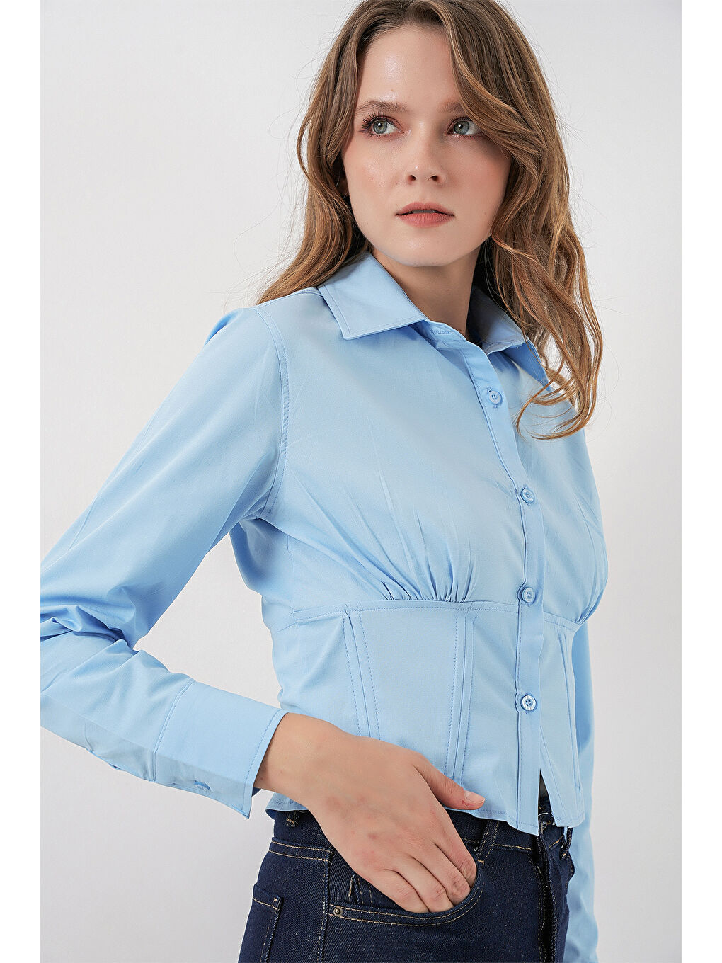 20231 Slim Fit Poplin Gömlek - Mavi-2