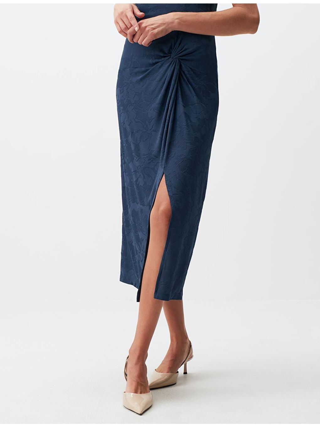 Mavi Petrol Çiçek Desenli Büzgülü Yırtmaçlı Midi Etek-4