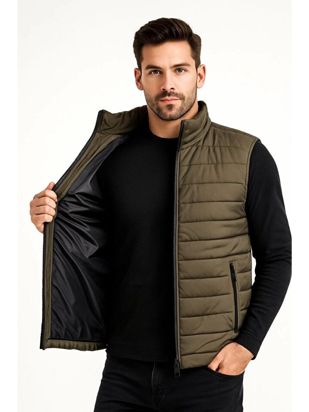 Haki Erkek Şişme Fermuarlı Yelek