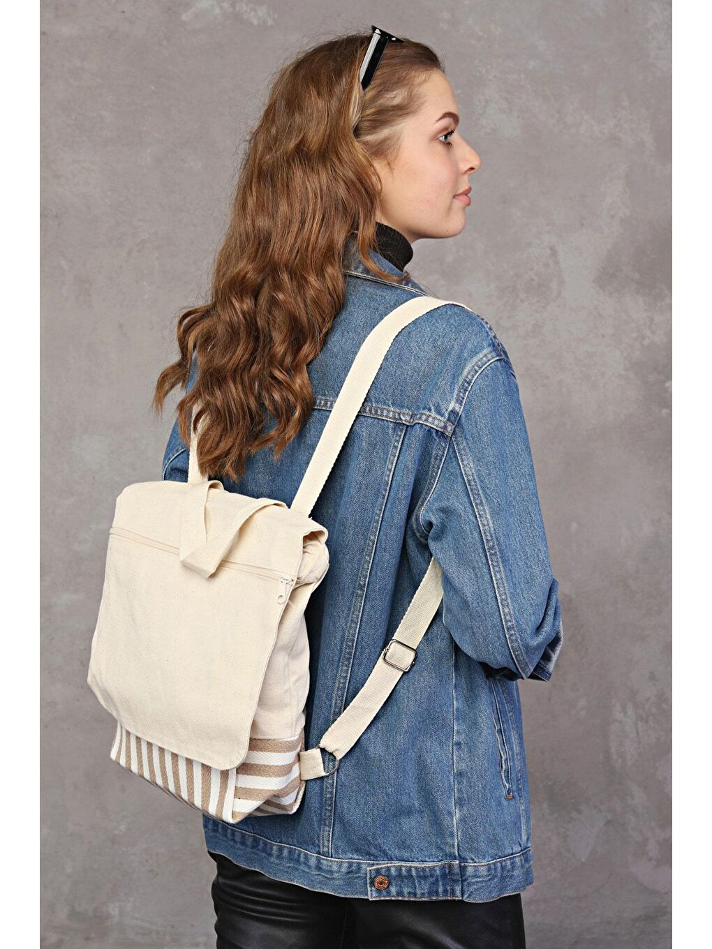 Ekru Dokuma Kumaş Parçalı Sırt Çantası-4