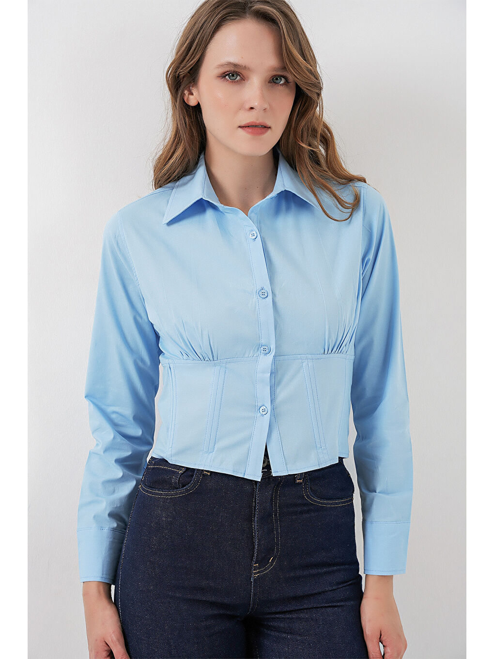 20231 Slim Fit Poplin Gömlek - Mavi-3