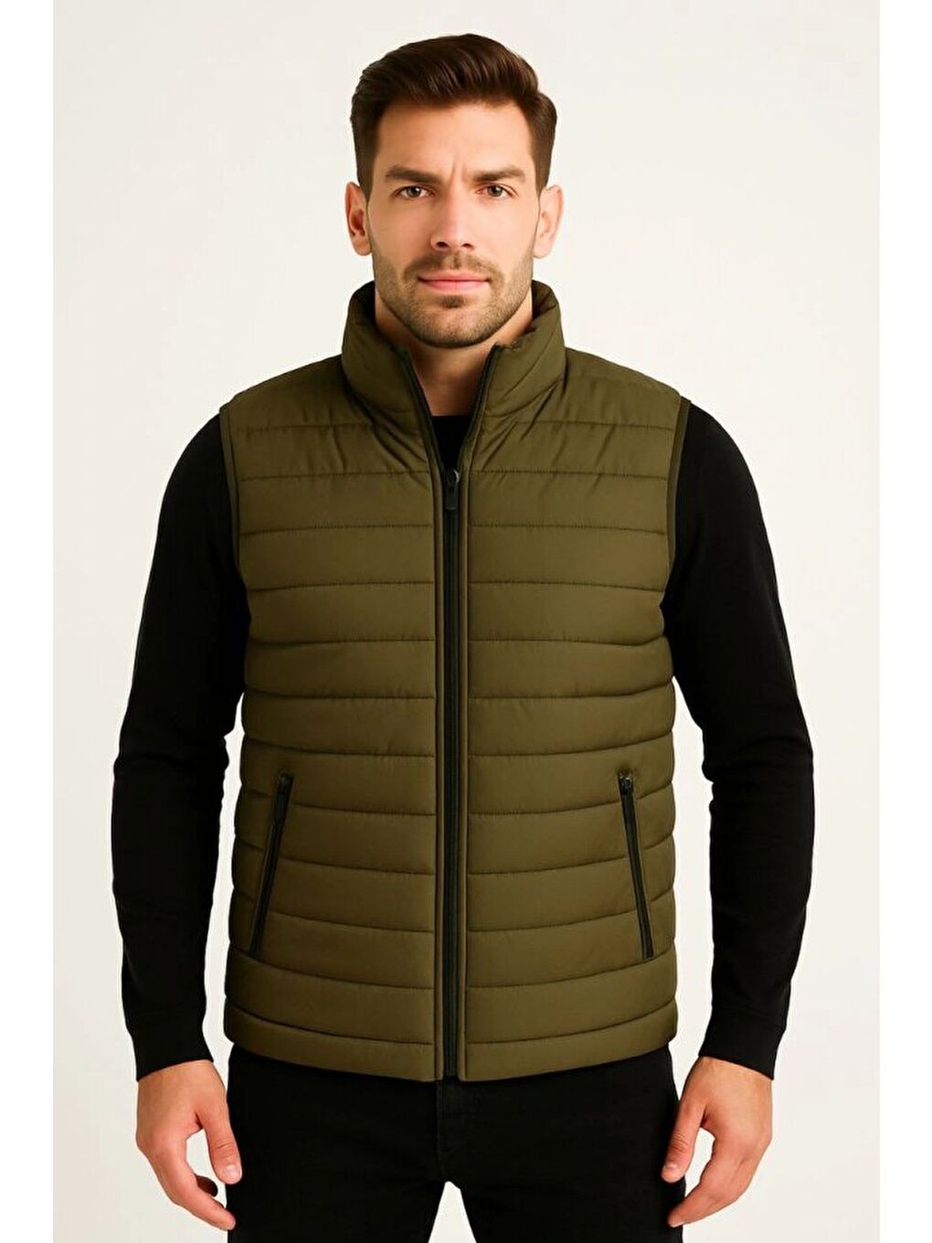 Haki Erkek Şişme Fermuarlı Yelek-1