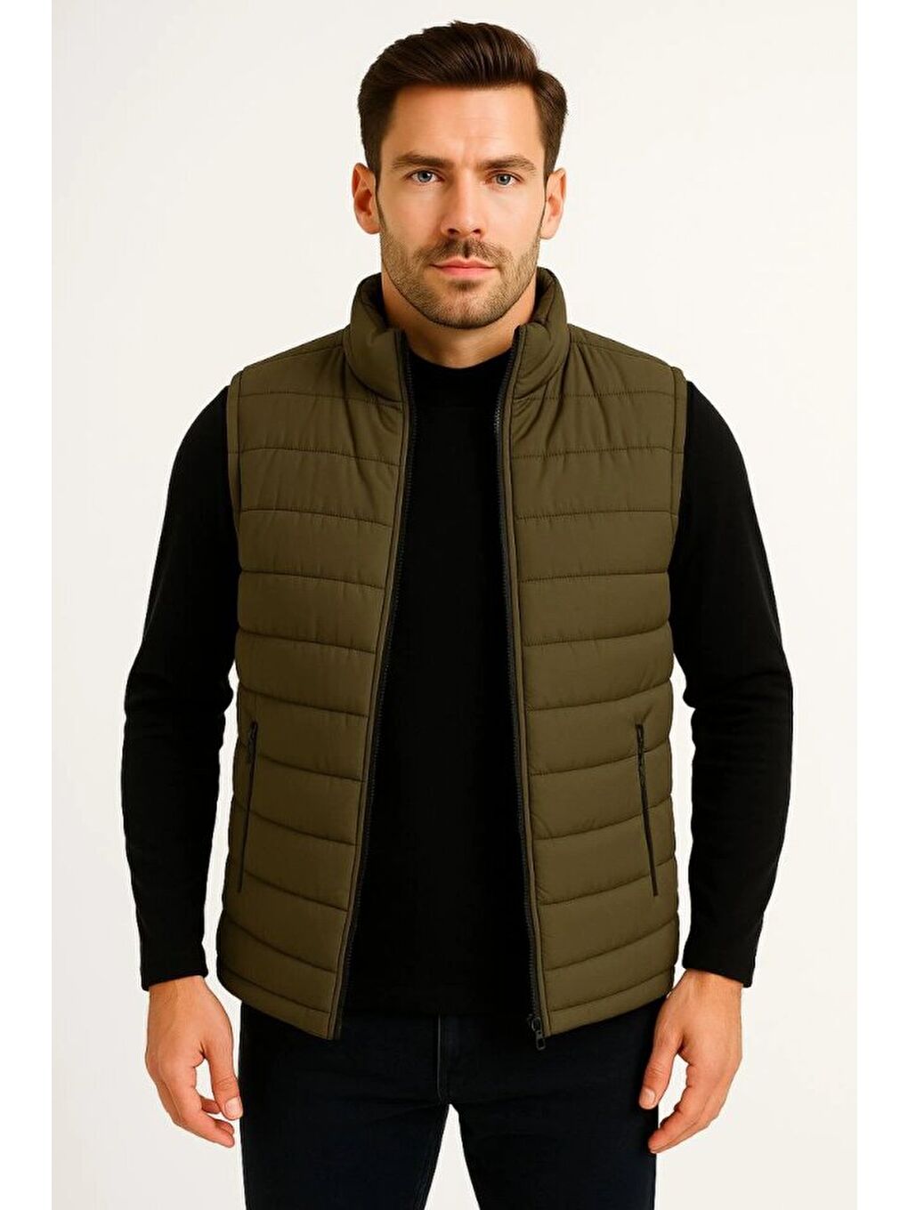 Haki Erkek Şişme Fermuarlı Yelek-2