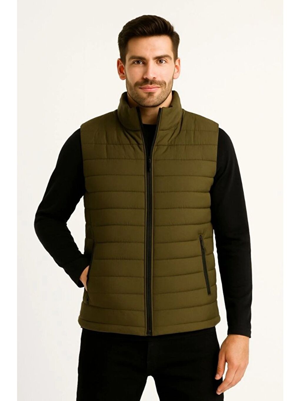 Haki Erkek Şişme Fermuarlı Yelek-3