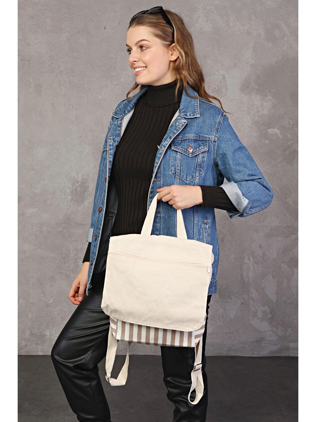 Ekru Dokuma Kumaş Parçalı Sırt Çantası-5