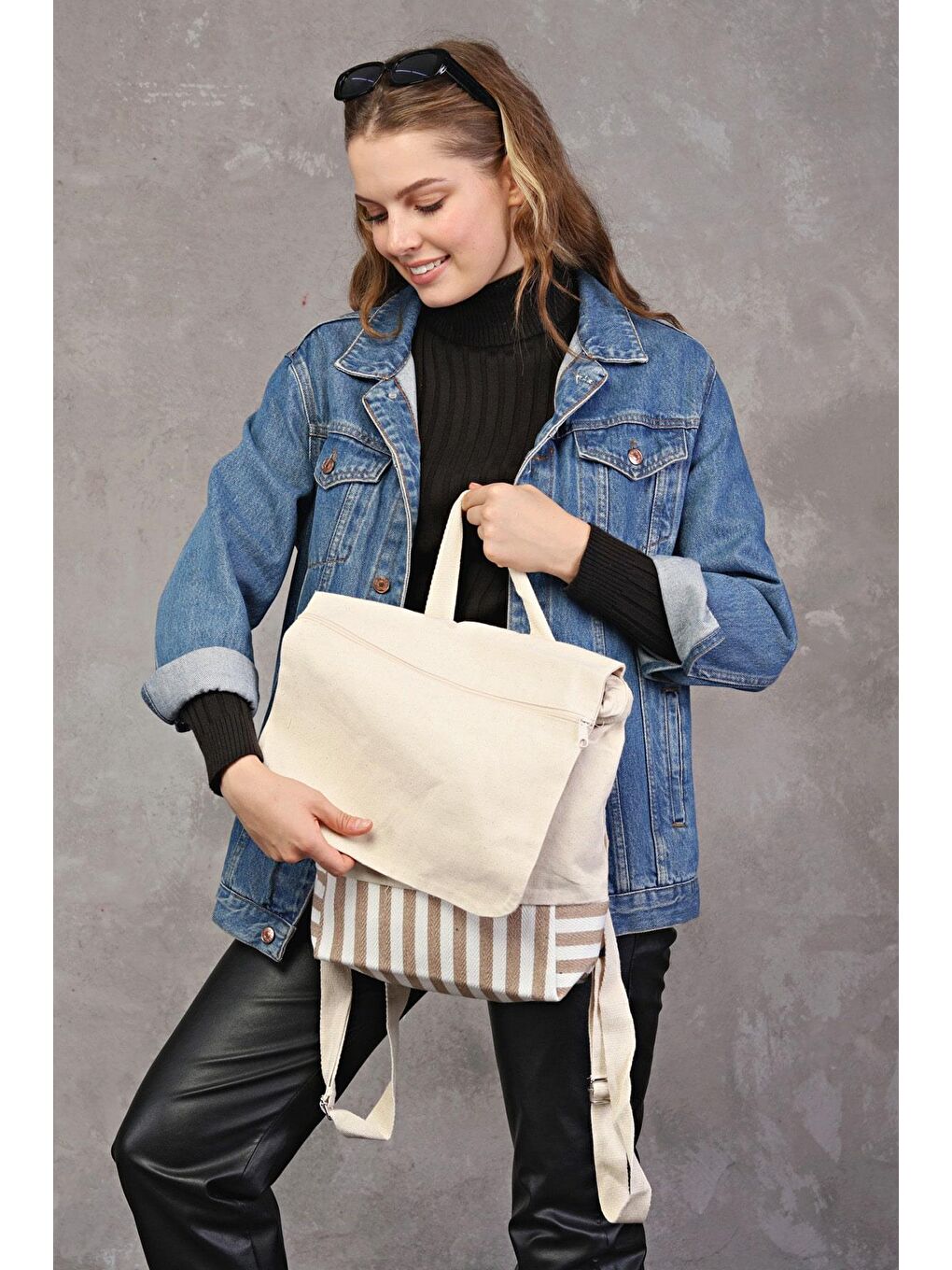 Ekru Dokuma Kumaş Parçalı Sırt Çantası-6