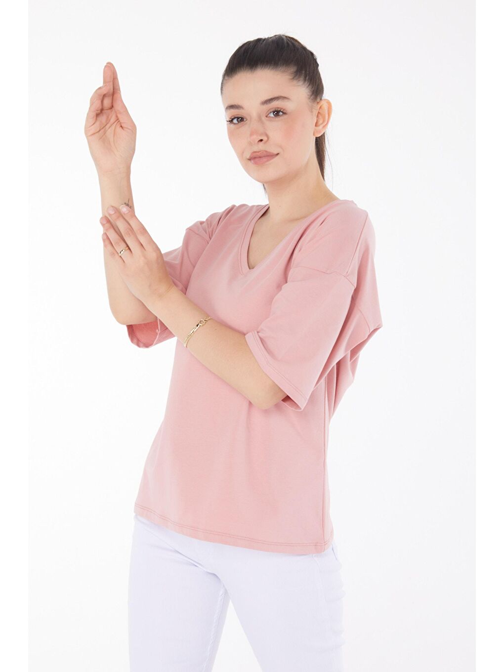 TOFİSA Pembe Düz Orta Kadın Pembe T-Shirt - 25848