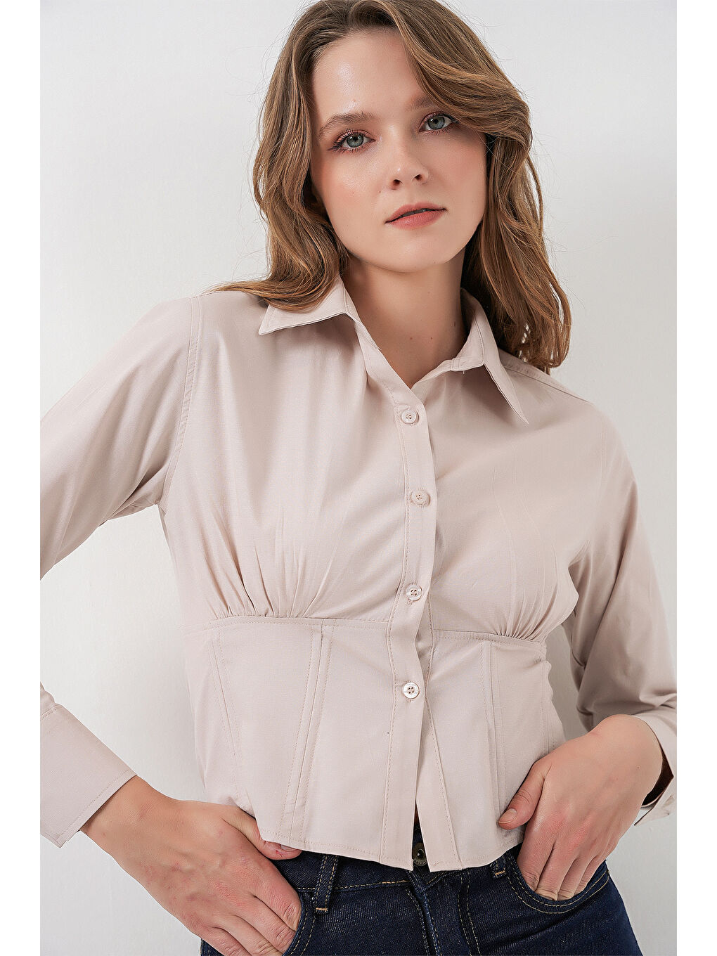 Ekru 20231 Slim Fit Poplin Gömlek - Krem