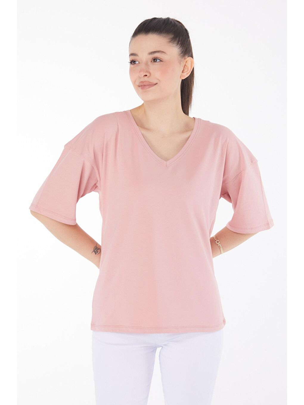 TOFİSA Pembe Düz Orta Kadın Pembe T-Shirt - 25848 - 1