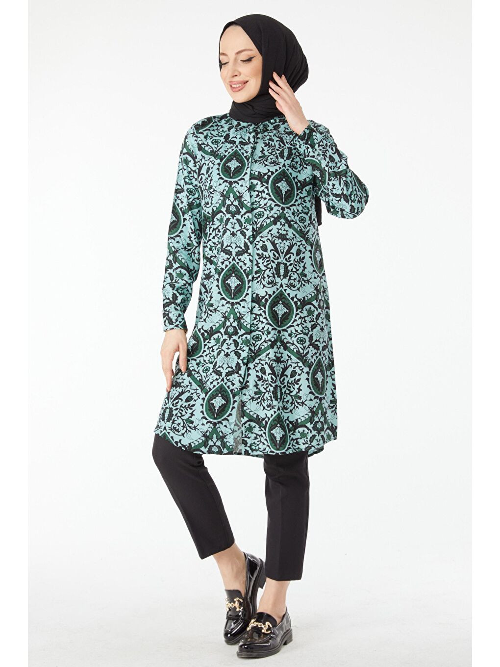 Gömlek Yaka Kadın Yeşil Desenli Tunik - 24502