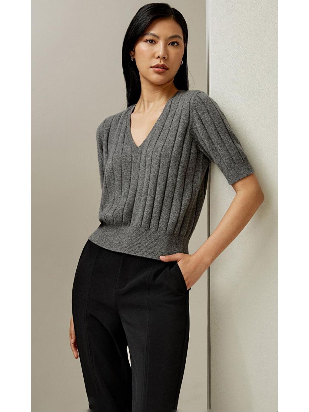 Antrasit V Yaka Örgülü Kadın Triko Tişört Mg2369-5