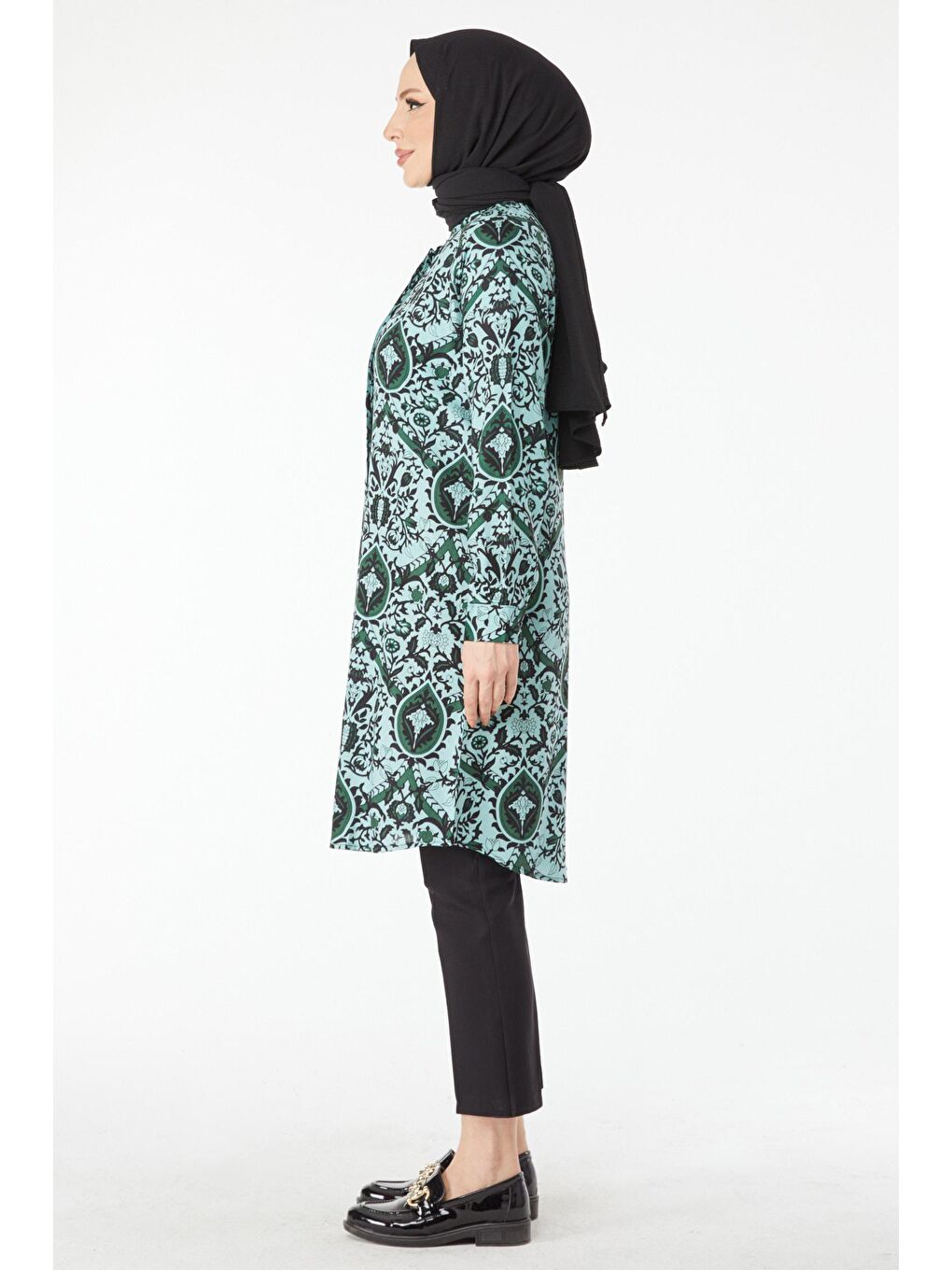 Gömlek Yaka Kadın Yeşil Desenli Tunik - 24502-2