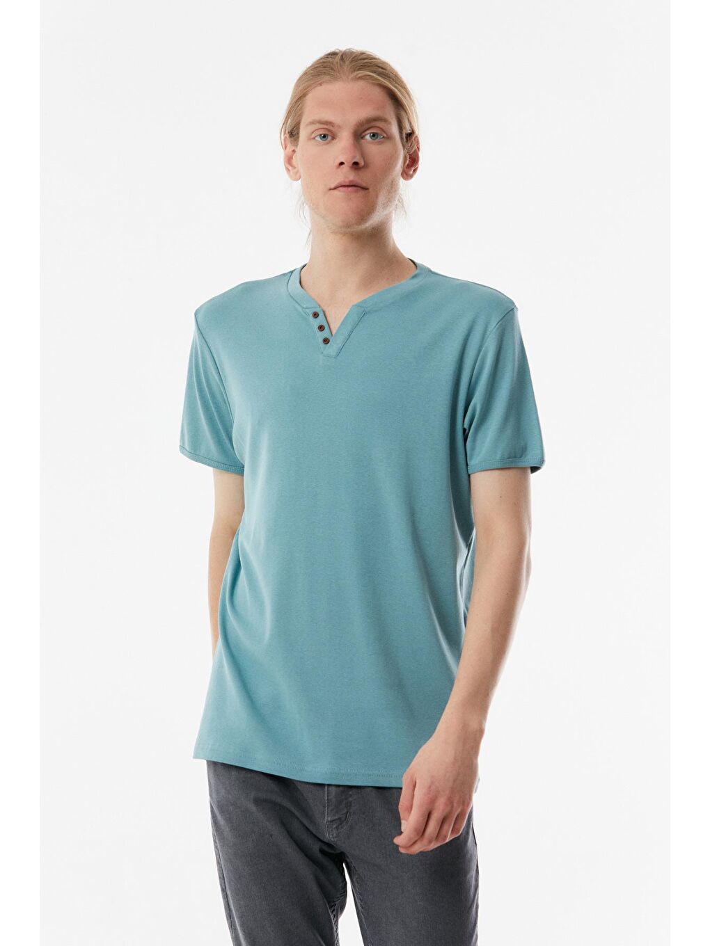 Turkuaz Basic Düğme Detaylı Ribana Tişört