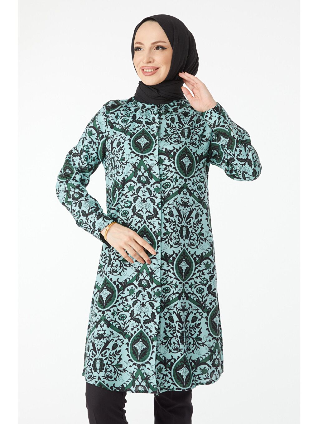 Gömlek Yaka Kadın Yeşil Desenli Tunik - 24502-3