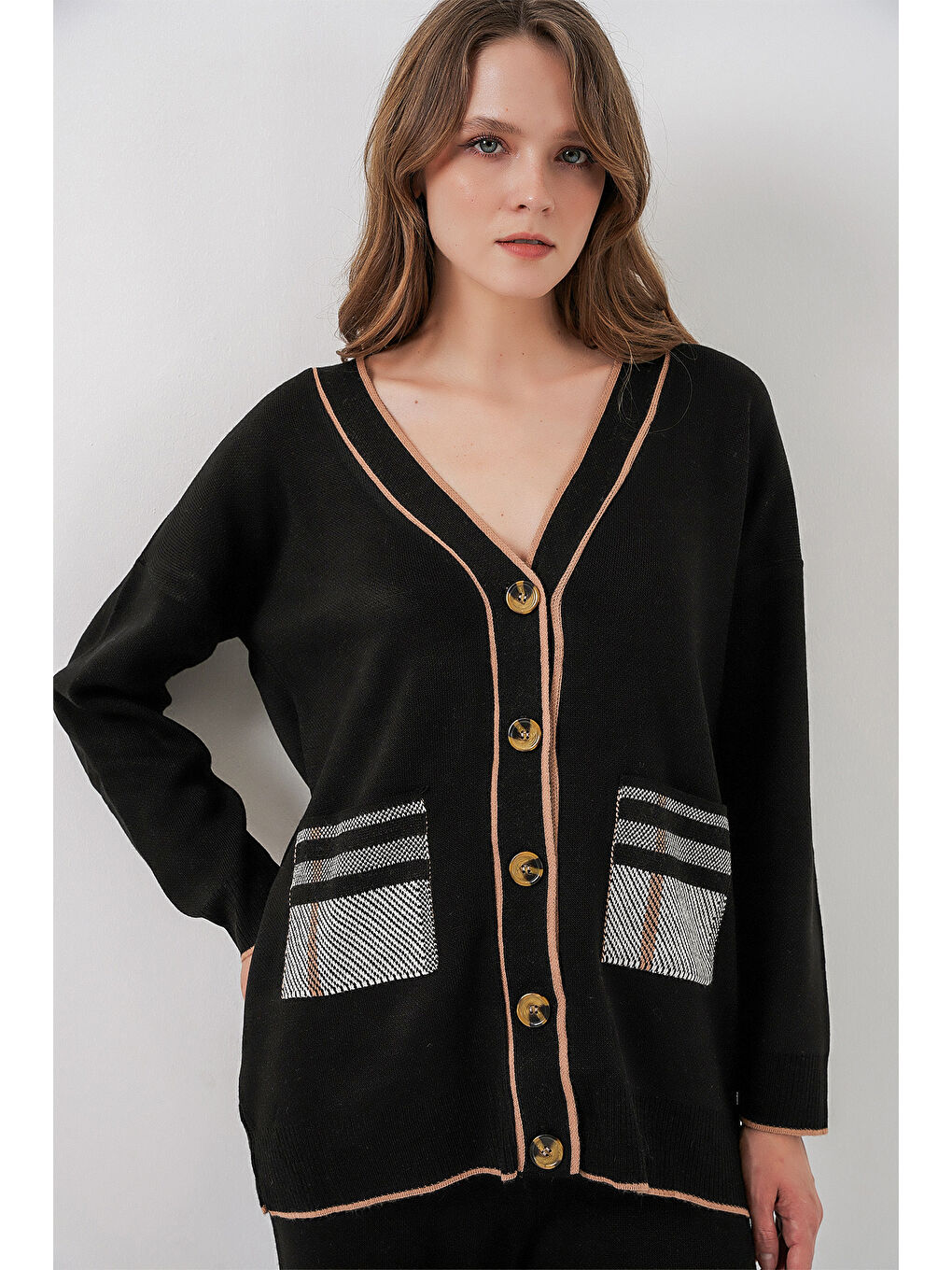 Kadın Cepli Hırka Triko İkili Takım 15964 - Siyah-2