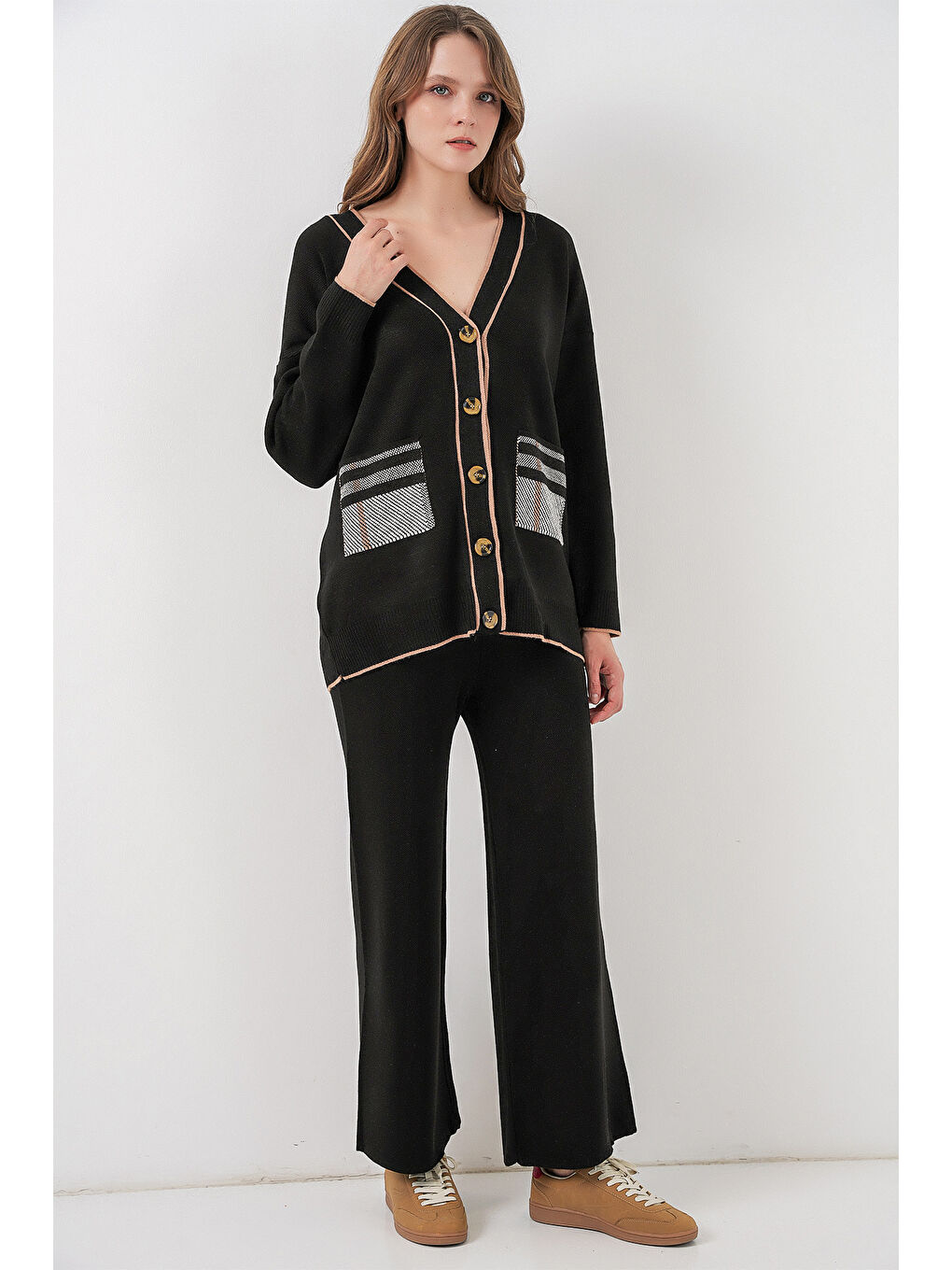 Kadın Cepli Hırka Triko İkili Takım 15964 - Siyah-3