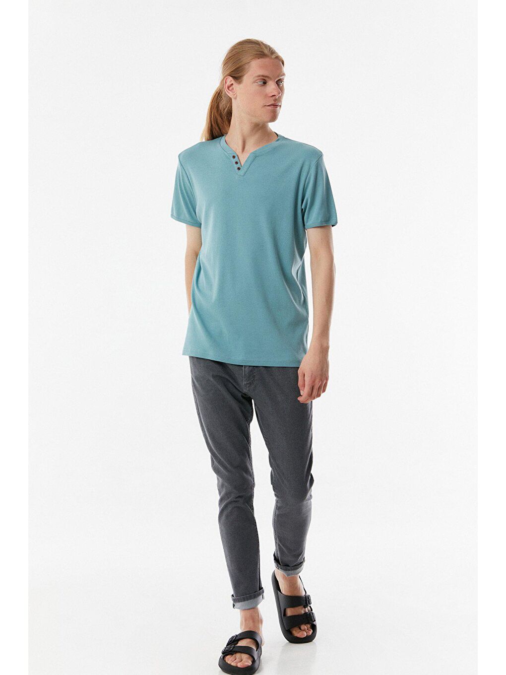 Turkuaz Basic Düğme Detaylı Ribana Tişört-1