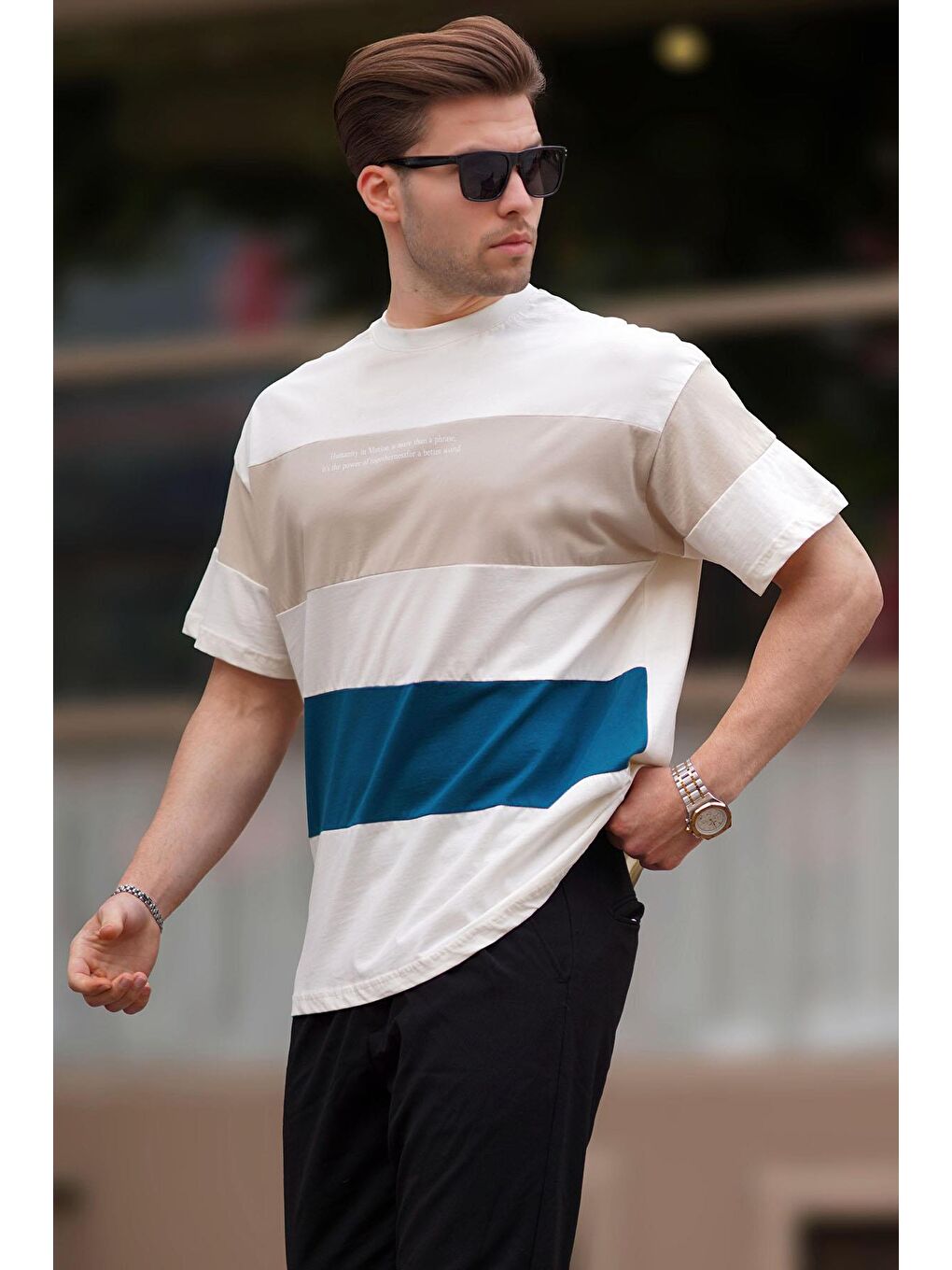 Petrol Mavi Oversize Renk Bloklu Bisiklet Yaka Baskılı %100 Pamuk Tişört 7025