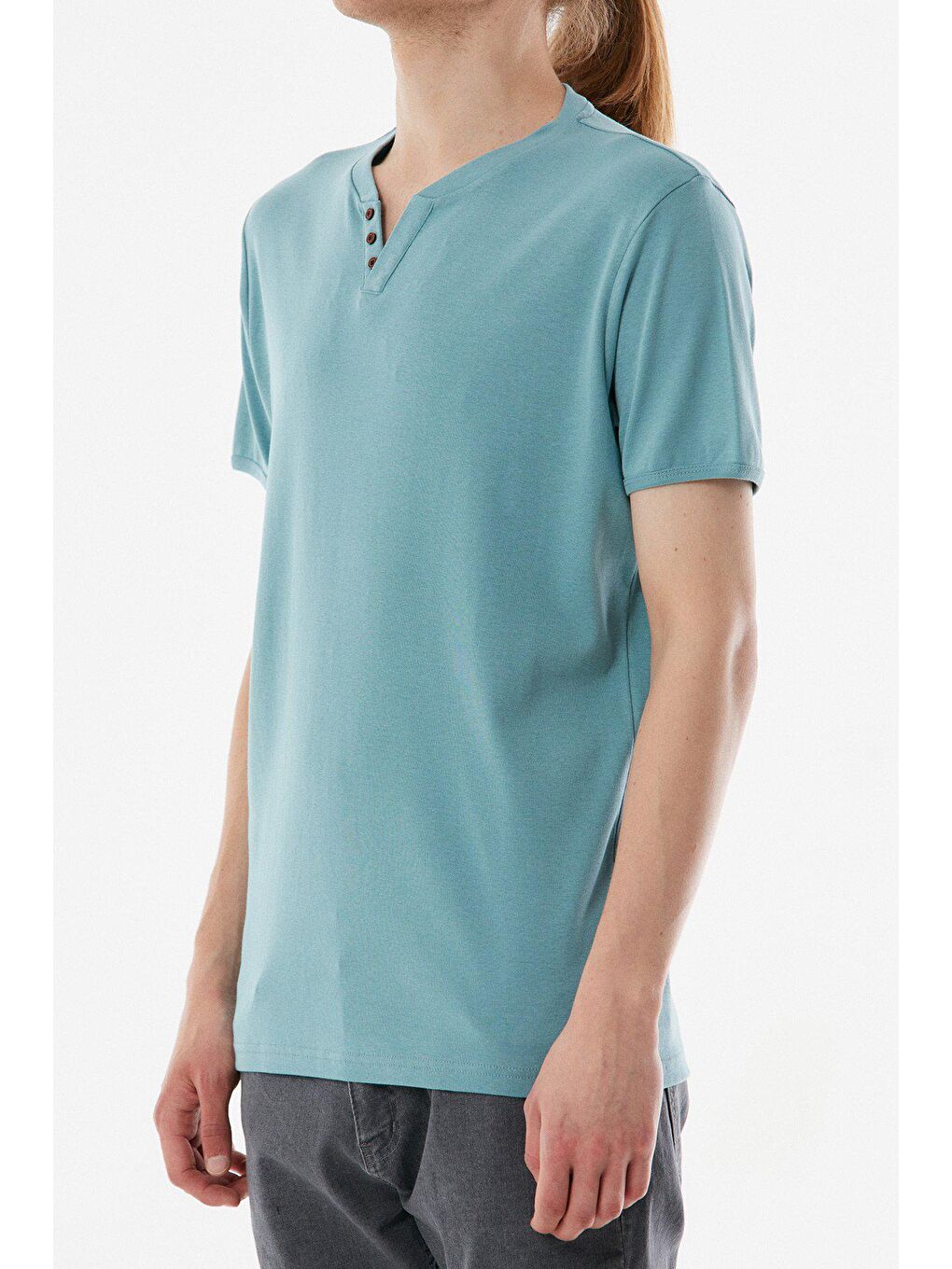 Turkuaz Basic Düğme Detaylı Ribana Tişört-3