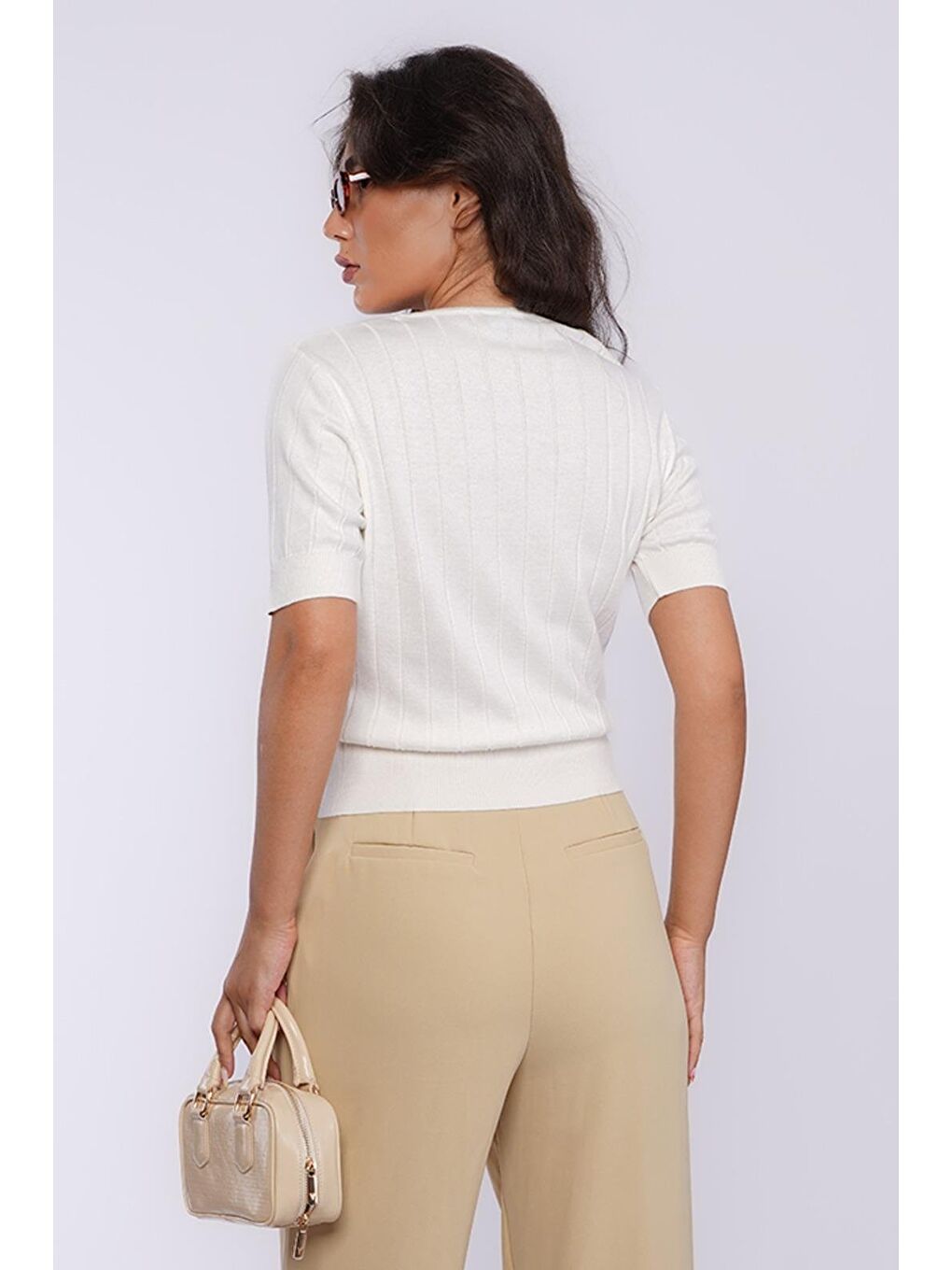 Ekru V Yaka Örgülü Kadın Triko Tişört Mg2369-3
