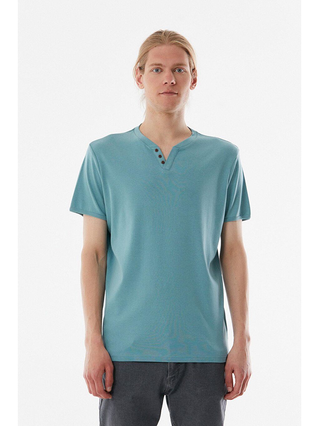 Turkuaz Basic Düğme Detaylı Ribana Tişört-4