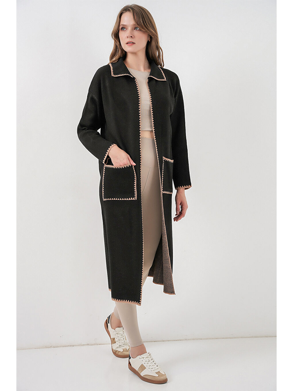 Kadın Uzun Oversize Triko Hırka 15962 - Siyah-1