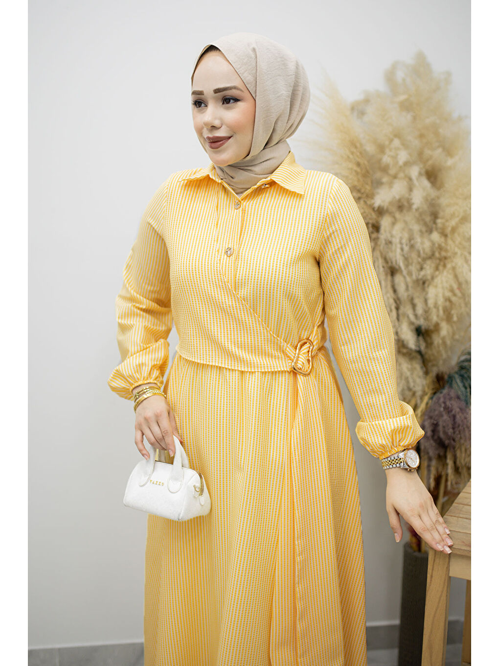 Çizgili Tokalı Gömlek Elbise TSD260196 Sarı-1