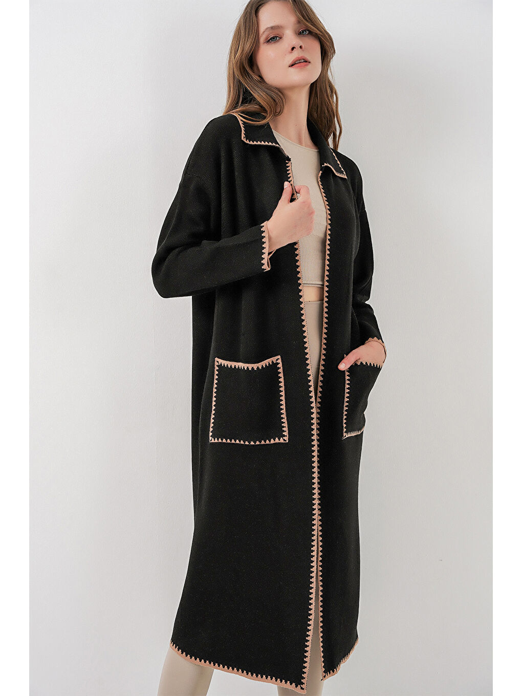 Kadın Uzun Oversize Triko Hırka 15962 - Siyah-2