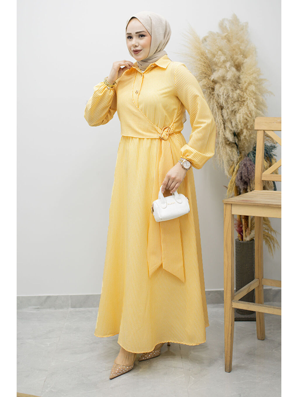 Çizgili Tokalı Gömlek Elbise TSD260196 Sarı-2