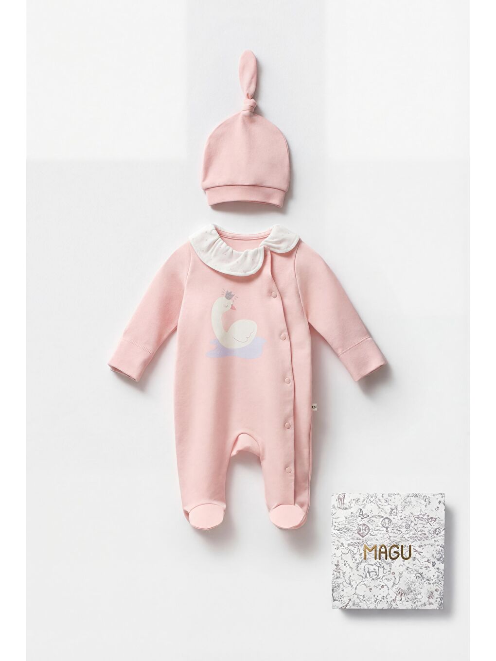 Pembe Kız Bebek Pamuklu Pudra Kuğu Baskılı Tulum Ve Şapka Seti - Yandan Çıtçıtlı