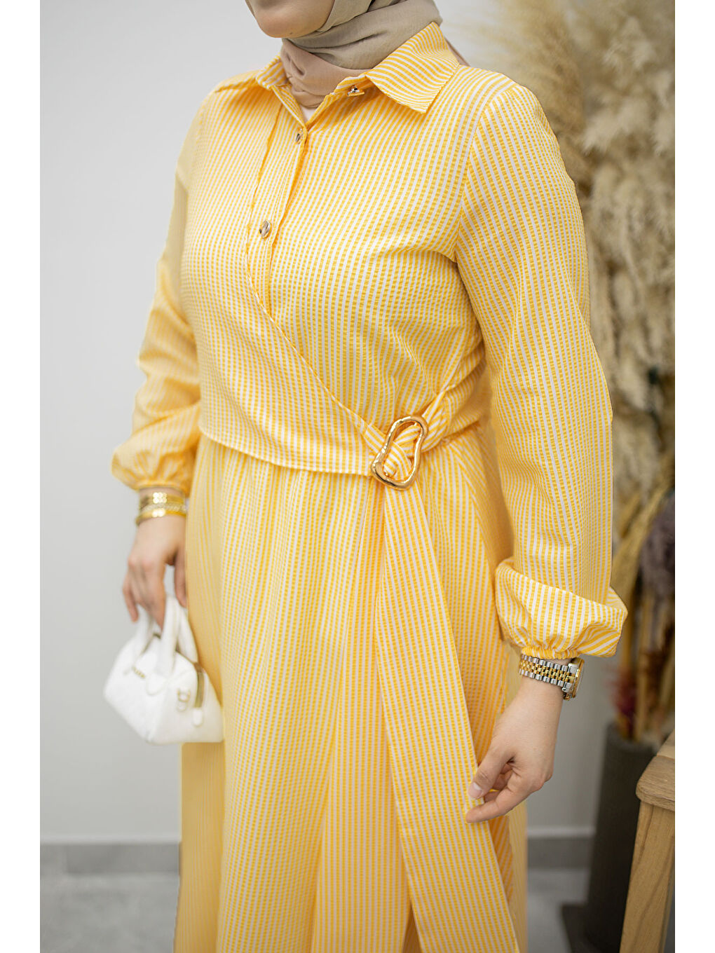 Çizgili Tokalı Gömlek Elbise TSD260196 Sarı-3