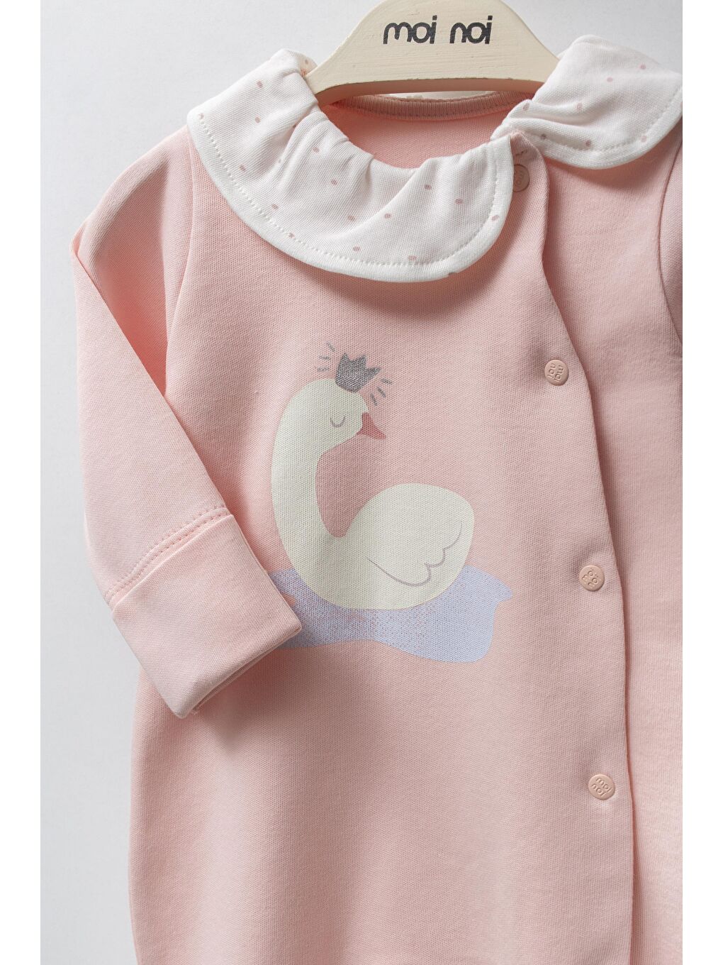 Pembe Kız Bebek Pamuklu Pudra Kuğu Baskılı Tulum Ve Şapka Seti - Yandan Çıtçıtlı-1