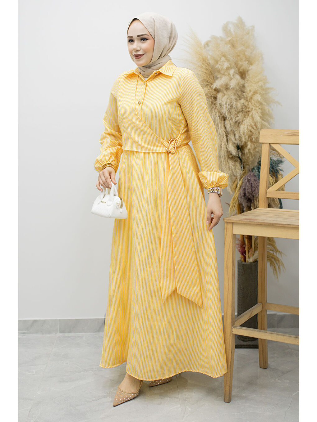 Çizgili Tokalı Gömlek Elbise TSD260196 Sarı-4