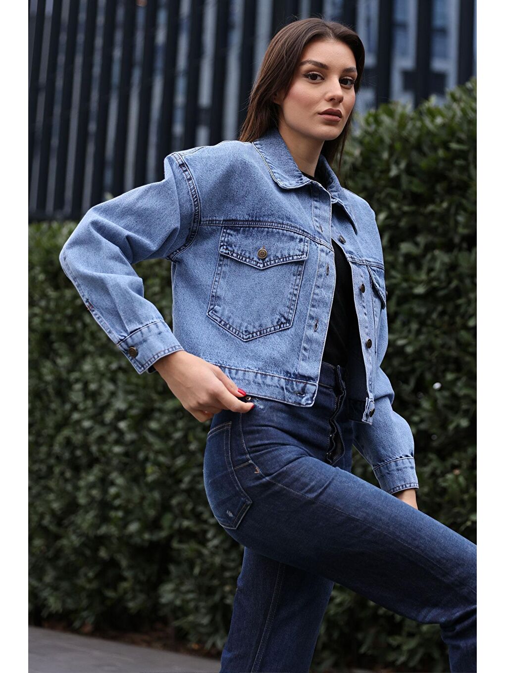 Bigdart Lacivert 0693 Düğmeli Oversize Denim Ceket - Lacivert - 1