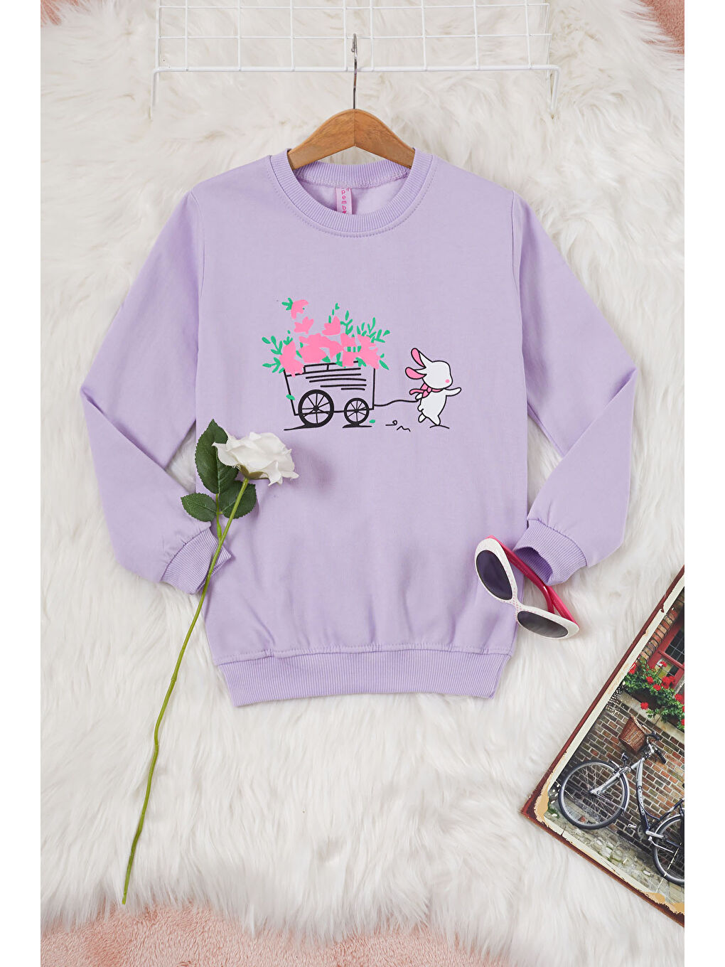 Pembe Life Kids Club Lila Çiçekli Tavşan Baskılı Kız Çocuk Sweatshirt 17280