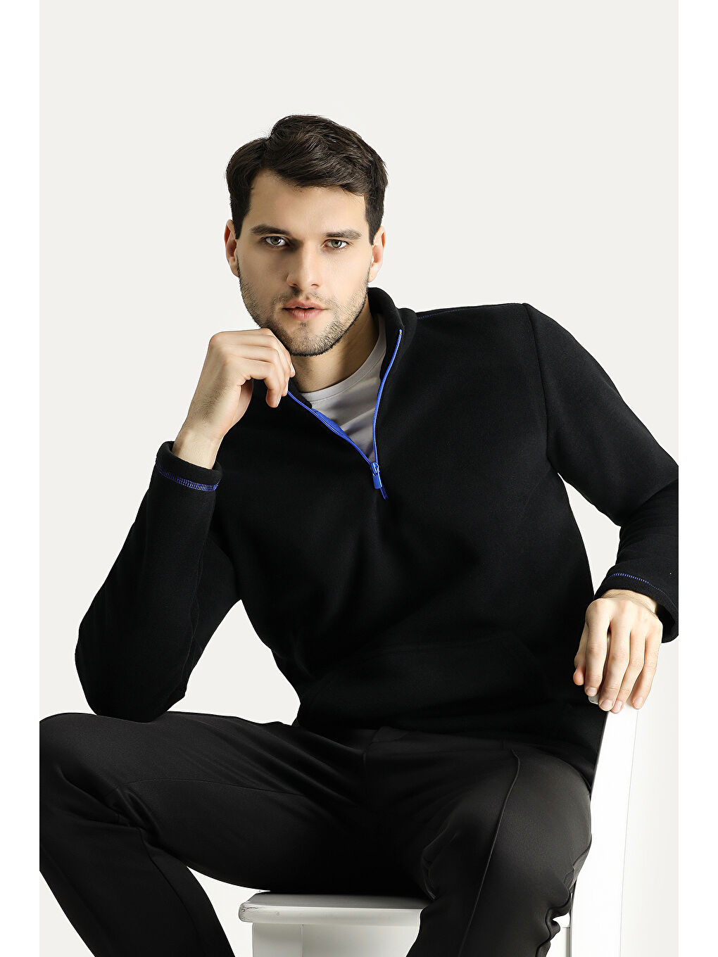 Siyah Yarım Fermuarlı Polar Büyük Beden Sweatshirt