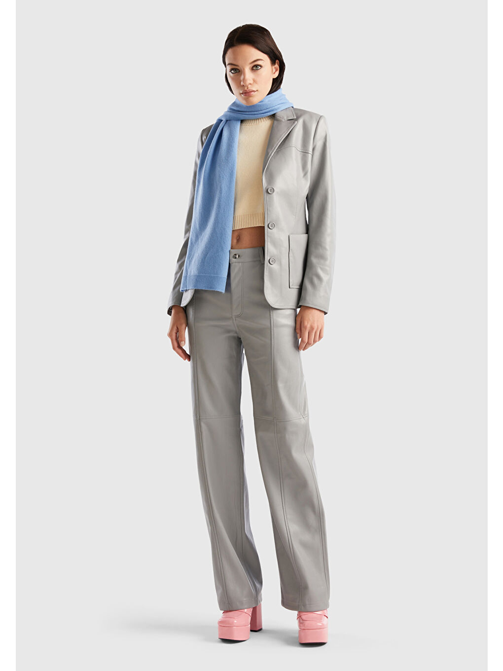 Kadın Açık Gri Suni Deri Beş Cepli Pantolon-4