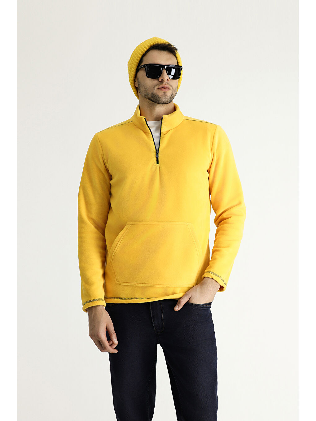 Sarı Yarım Fermuarlı Polar Büyük Beden Sweatshirt-1